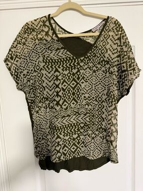 Carol Rose Olive Geometric Overlay V-Neck Blouse